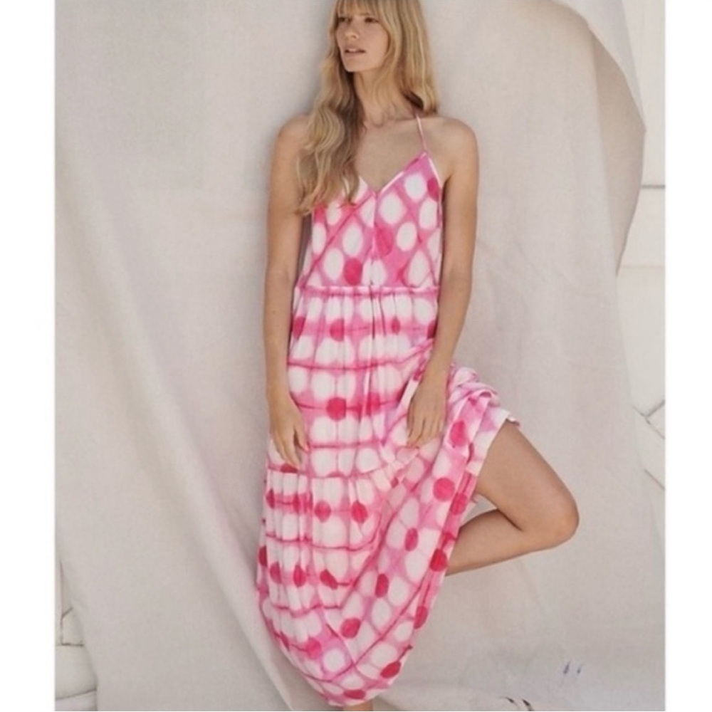 Anthropologie‎ Maeve Geneva Maxi Dress Sundress Pink White Circles Petite XS
